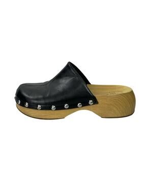 Zara Womens Black Studded Faux Leather Round Toe Slip On Mules Clogs Shoes 8.5